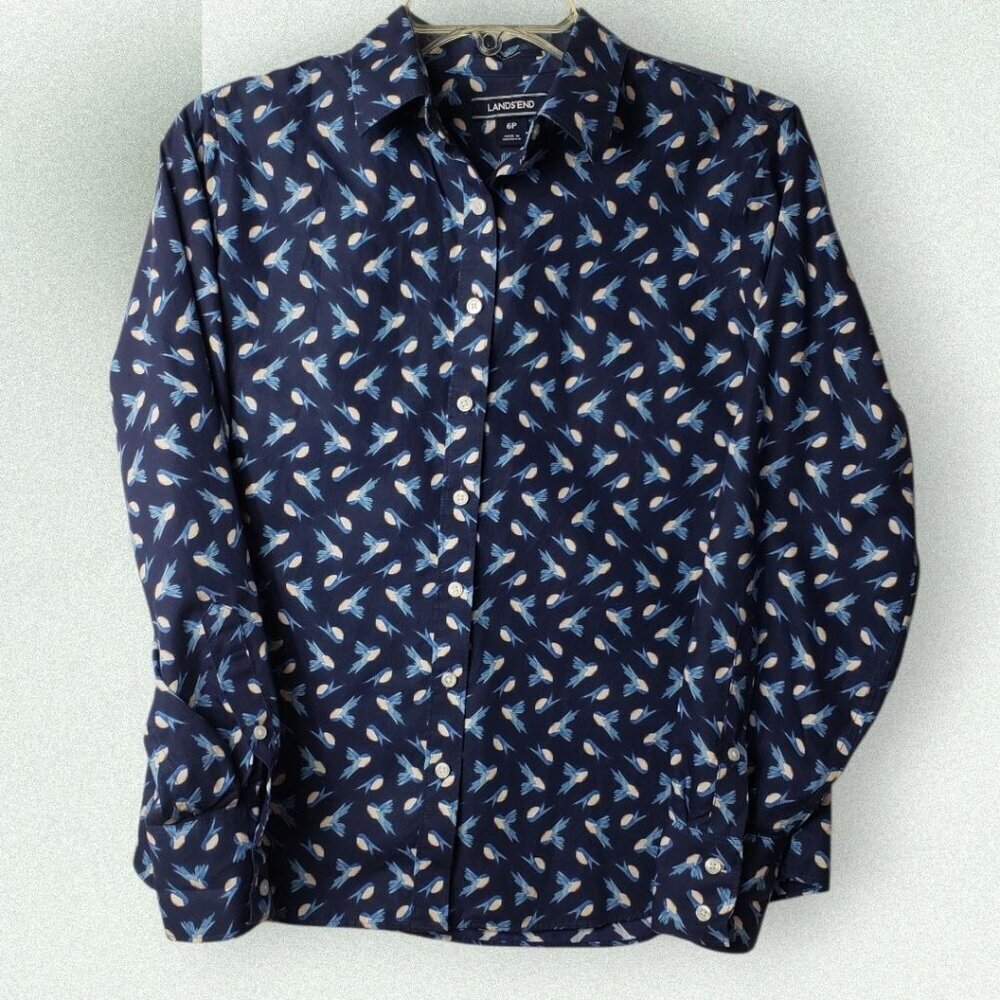 Lands End Button-Down Shirt Blue Supima & White Bird Print Long Sleeve 6P